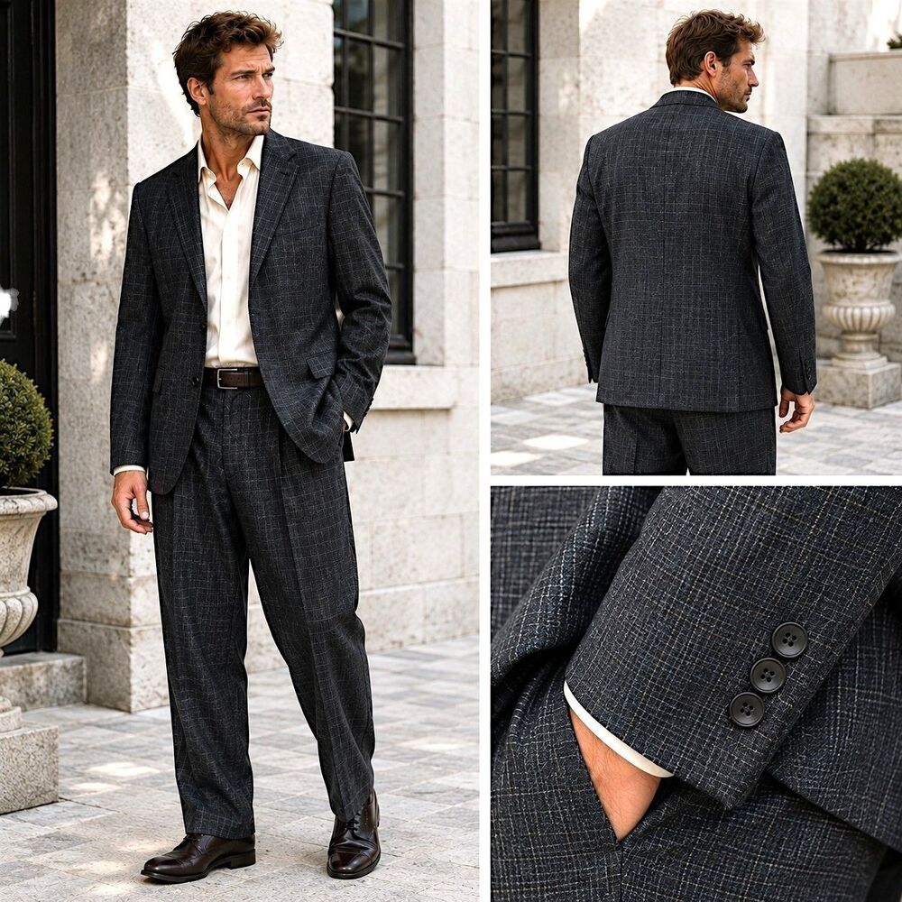 Vtg Brandini Wool 50R Black Grey 2pc Suit Pleated Pants 90s Old Money Classic